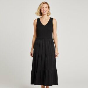 J.Jill Black Smocked Tiered Midi Dress Sleeveless V-Neck Flowy Casual Size Large